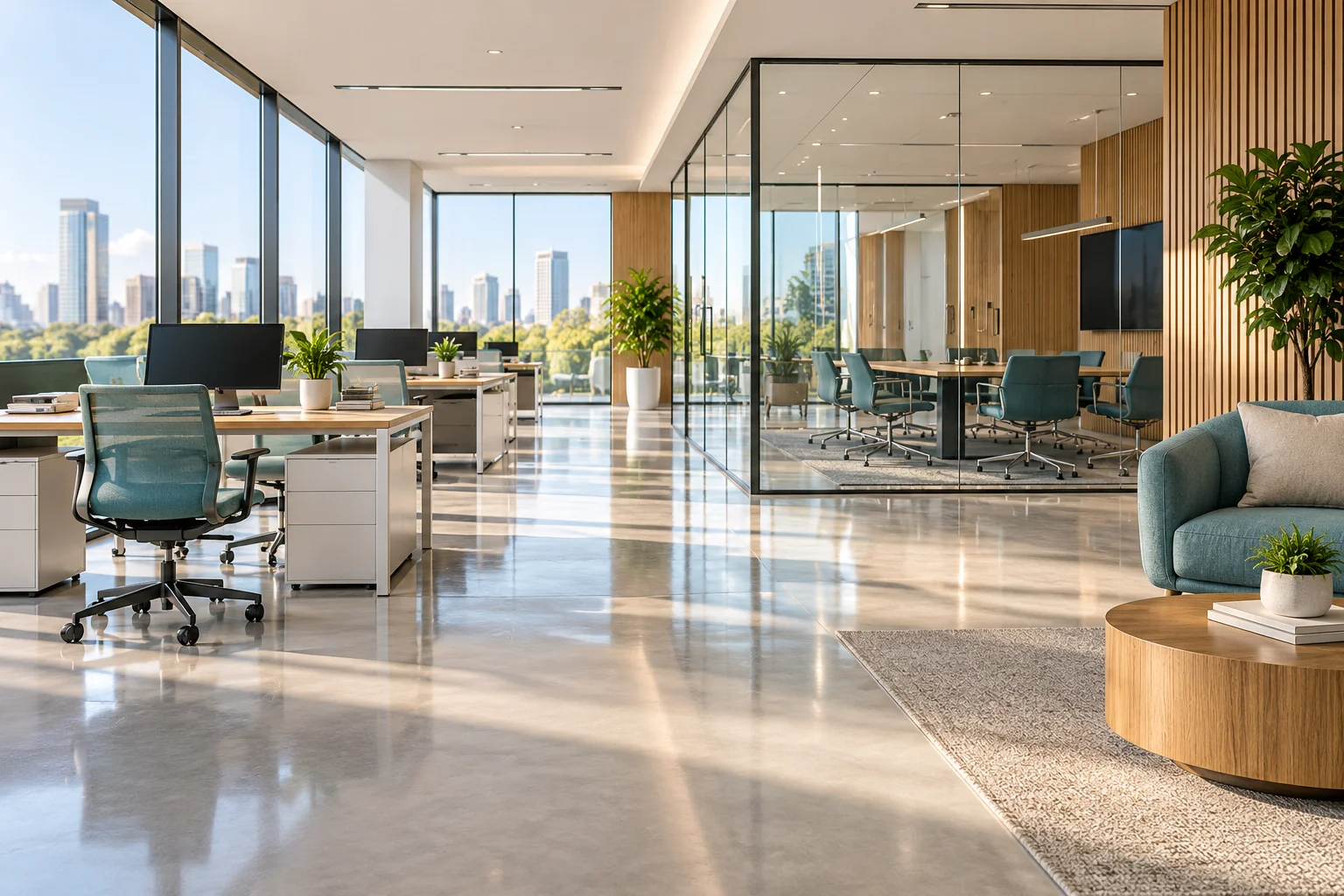 Illustrative sunlit office with tidy desks and clean floors